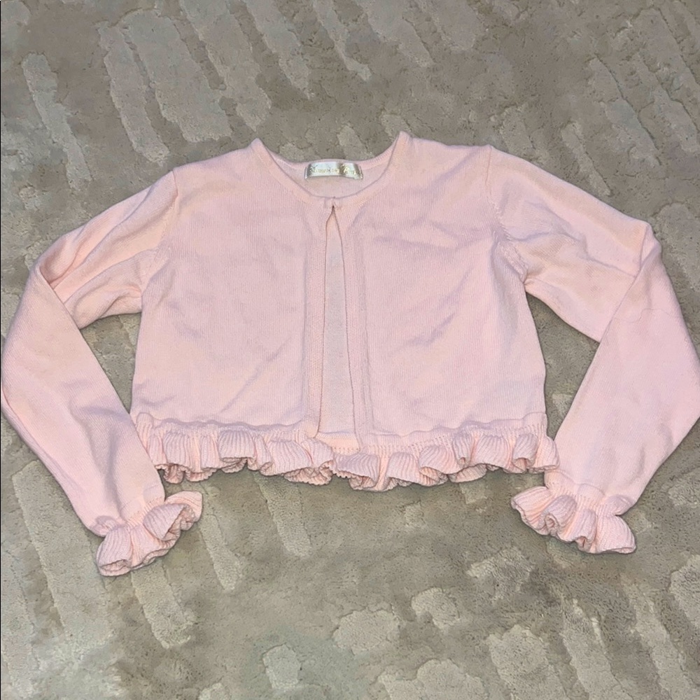 American Princess Soft Pink Knit Cardigan 6X/7 EUC ruffle edges